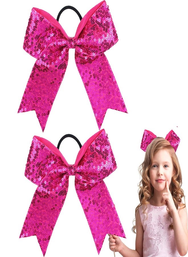Hipcheer 2 Packs Jumbo Cheerleading Bow 6 Inch Cheer Hair Bows with Ponytail Holder for Teen Girls Softball Outfit Uniform (Sequin Hotpink) - Image 1